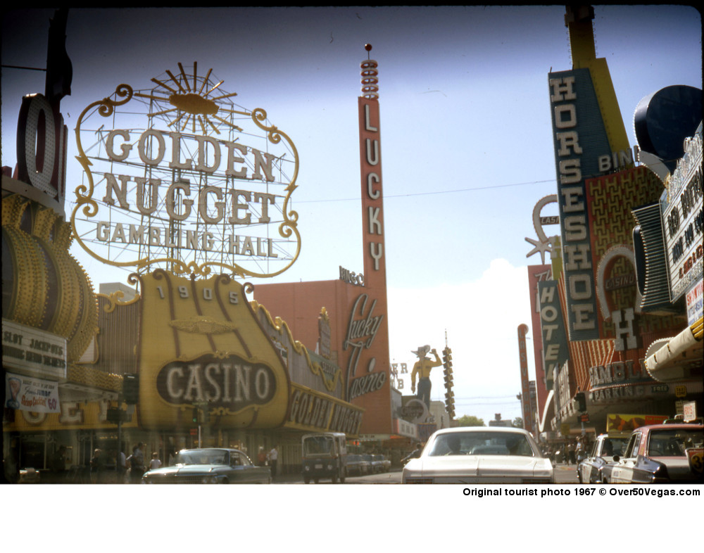 The 17 story tall Lucky Casino sign gives the Golden Nugget and the Horseshoe a run for the money in bright and gaudy downtown Las Vegas signage.